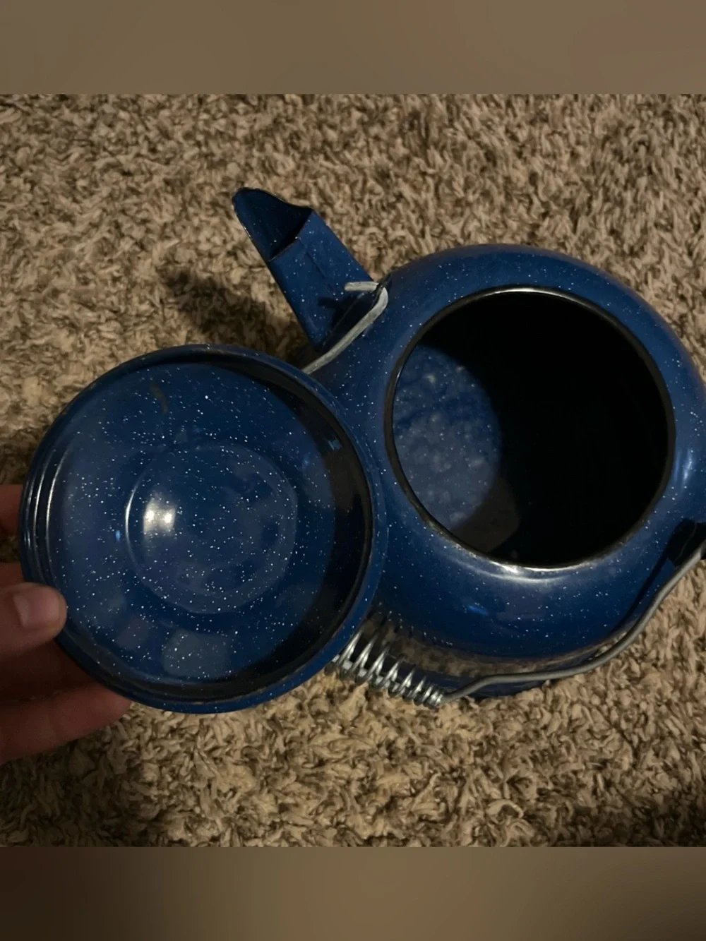 Blue Enamel Tea Kettle with Spring Handle